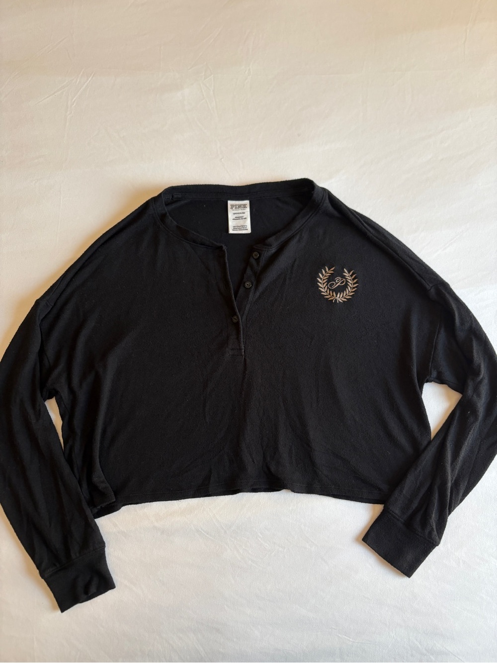 PINK Victoria’s Secret Black Cropped Henley Long Sleeve Top Crest Logo Y2K